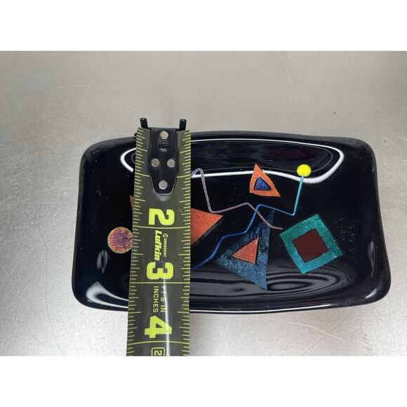 Art Glass Fused Black & Metallic Colorful Trinket Tray Dish Signed 6 X 3.5in - Picture 5 of 6
